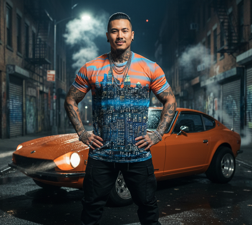 Man wearing an orange Loria NYC Art standing in front of a car on a graffiti-covered street at night