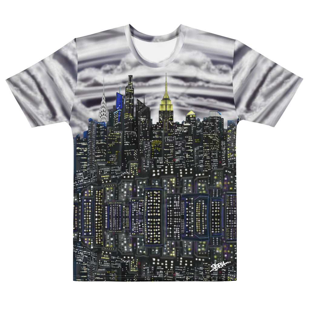 T-shirt with a cityscape Loria NYC Art design on a white background
