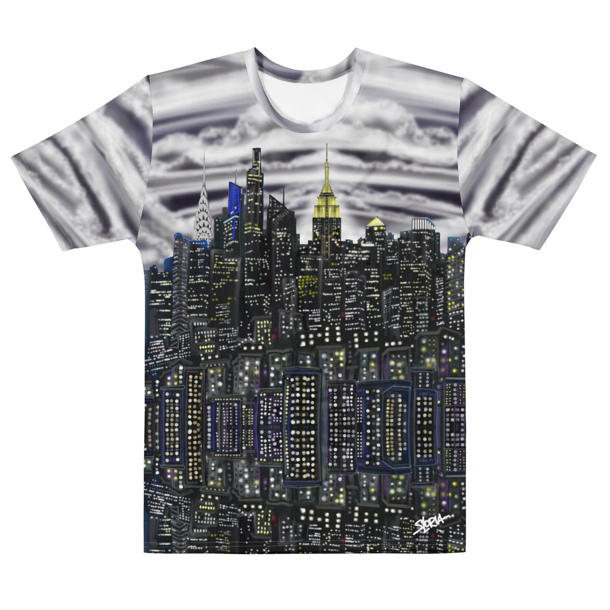 T-shirt with a cityscape Loria NYC Art design on a white background