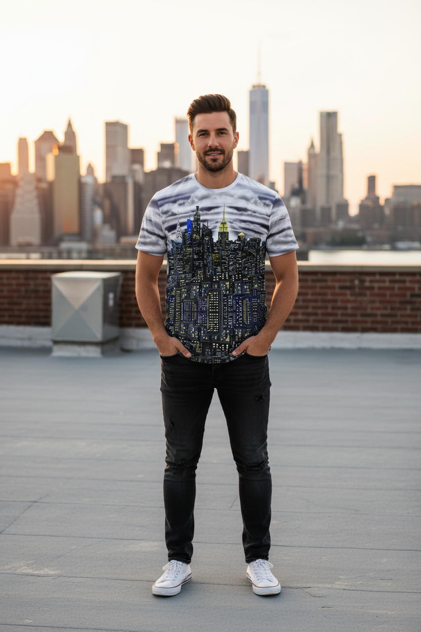 Man wearing a graphic t-shirt with a cityscape Loria NYC Art design on a rooftop with a city skyline in the background.