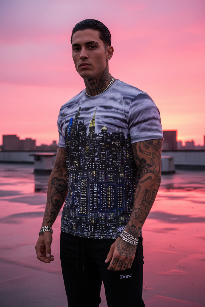 Man wearing a t-shirt with a Loria NYC Art cityscape design on a rooftop at sunset.