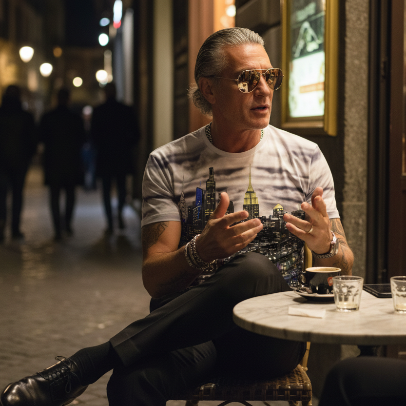 Man wearing a city Loria NYC Art tee shirt and woman sitting at a table in an outdoor cafe with drinks and food.