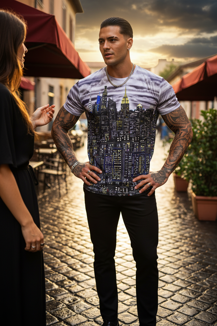 Man in a Loria NYC Art shirt and black pants on a urban background
