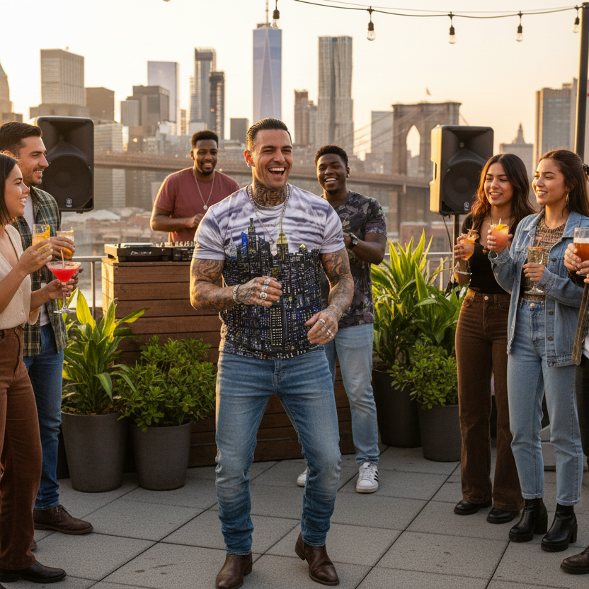Group of people enjoying drinks on a rooftop with man wearing a Loria NYC Art city skyline shirt  