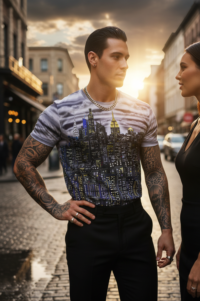 Man talking to a friend wearing a Loria NYC Art shirt and black pants on a city street.