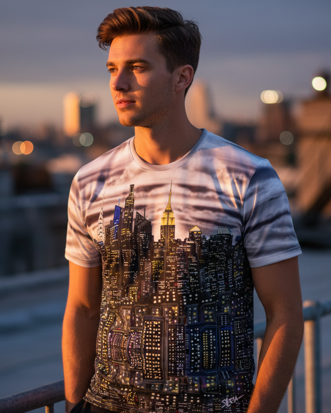 Man wearing a t-shirt with a Loria NYC Art cityscape design on a rooftop at dusk.