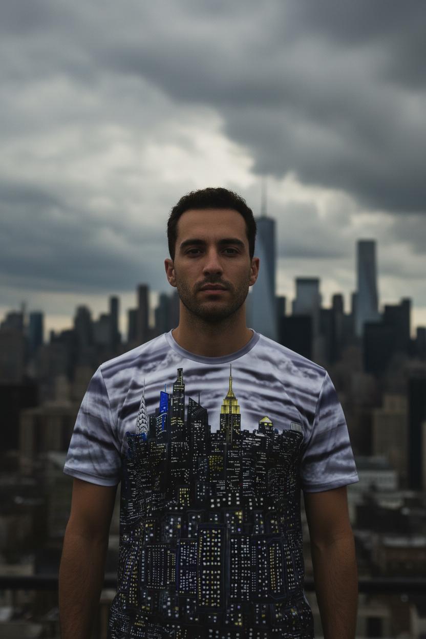 Man wearing a graphic t-shirt with cityscape Loria NYC Art design against a city skyline