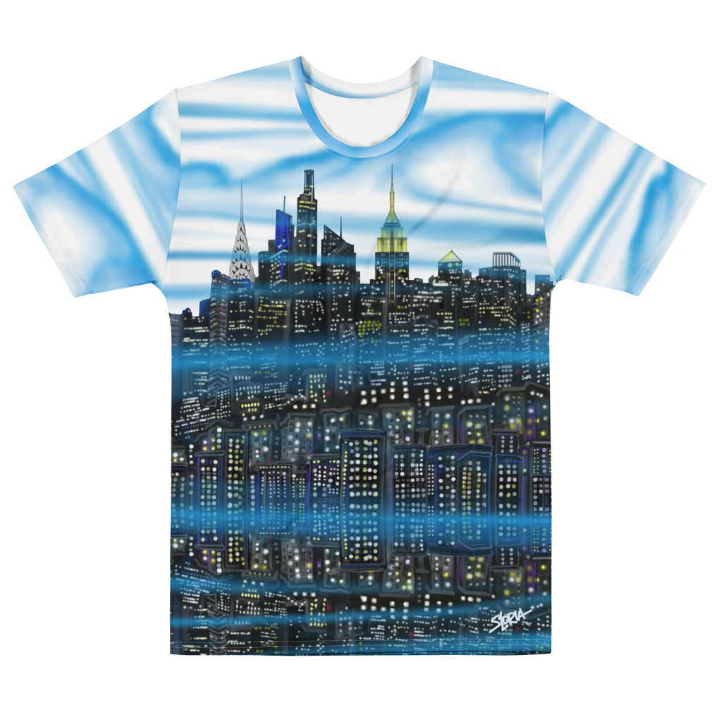 T-shirt with a cityscape Loria NYC Art design on a white background