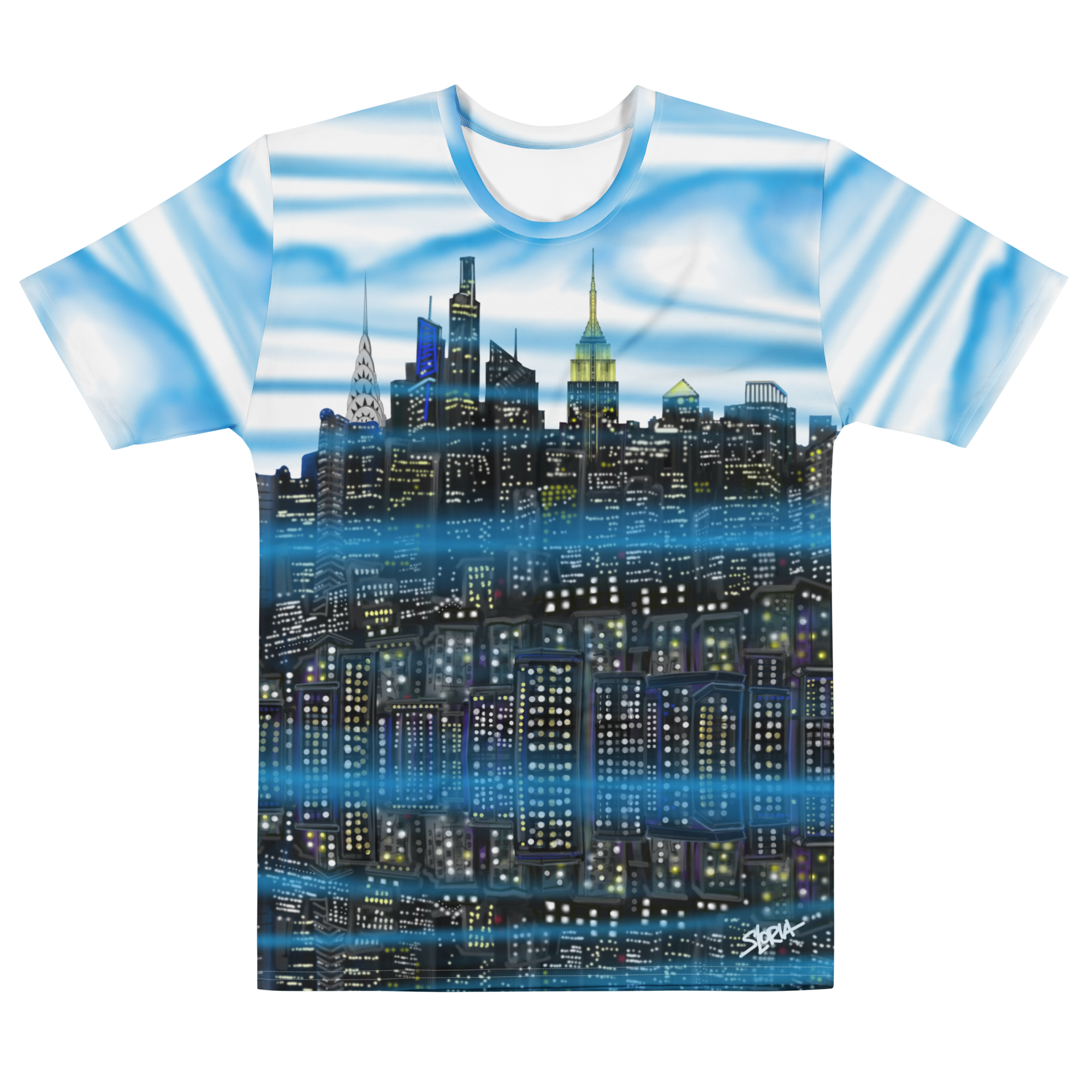 T-shirt with a cityscape Loria NYC Art design on a white background
