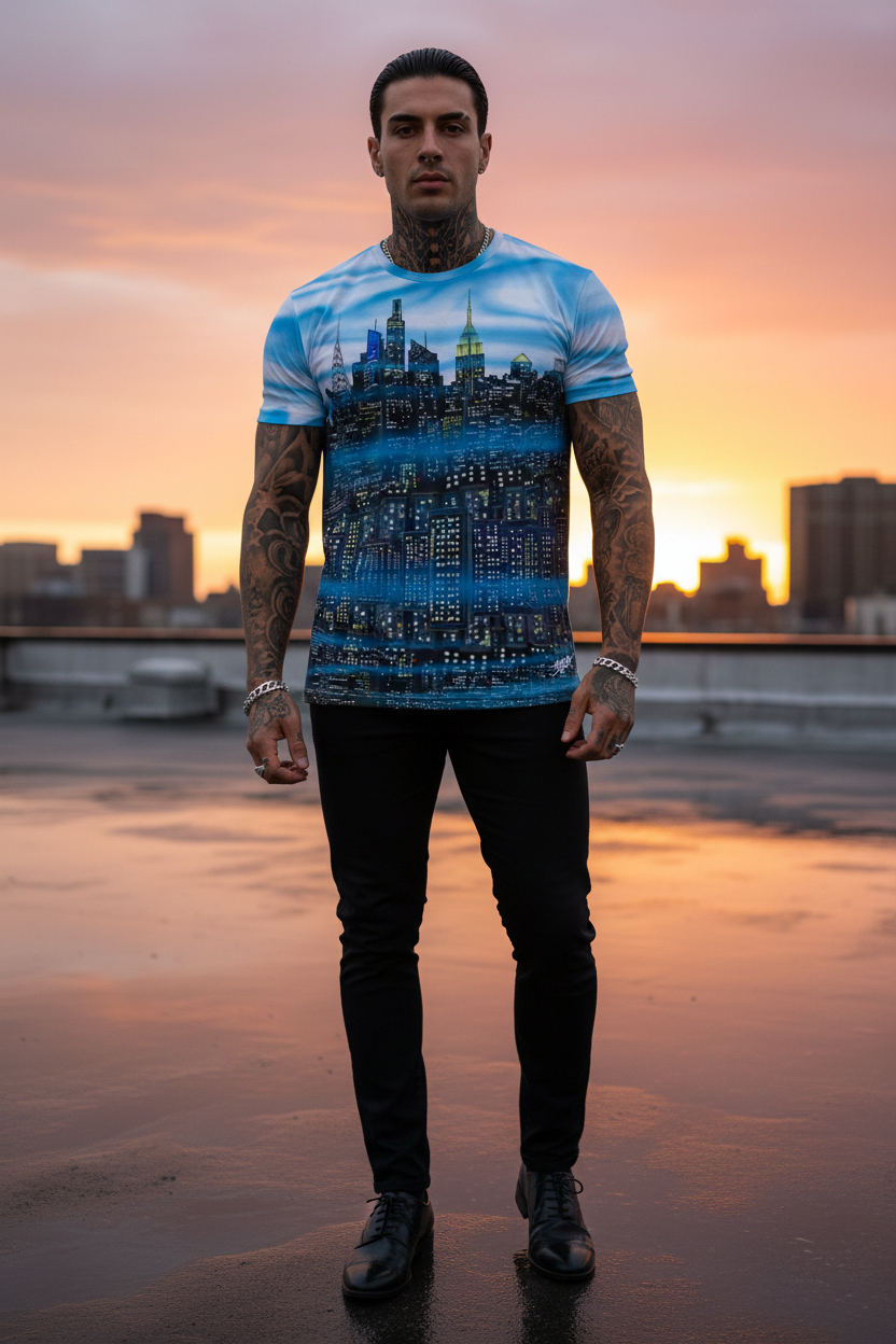 Man wearing a blue graphic Loria NYC Art t-shirt standing on a rooftop with a cityscape at sunset.