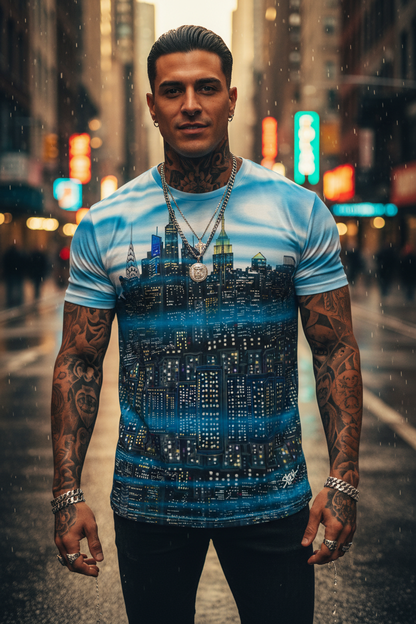 Man wearing a blue and white Loria NYC Art cityscape t-shirt on a city street.