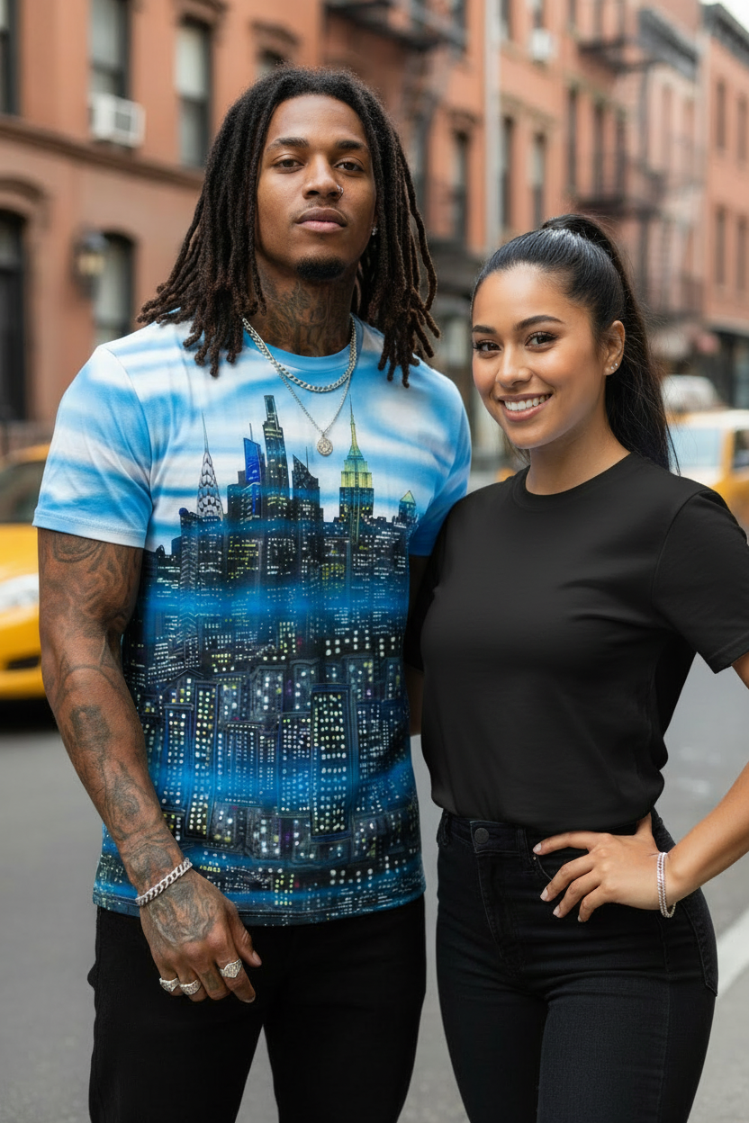 Two people standing on a city street, one wearing a blue Loria NYC Art cityscape t-shirt.