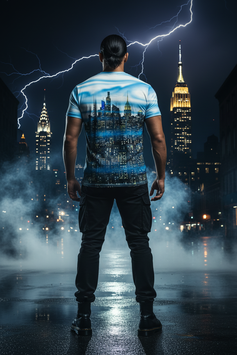 Person wearing a t-shirt with a Loria NYC Art cityscape design standing in front of a city skyline with lightning.