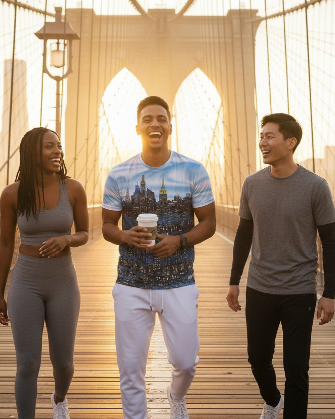 Man wearing a Loria NYC Art shirt walking with others on a bridge with a cityscape in the background