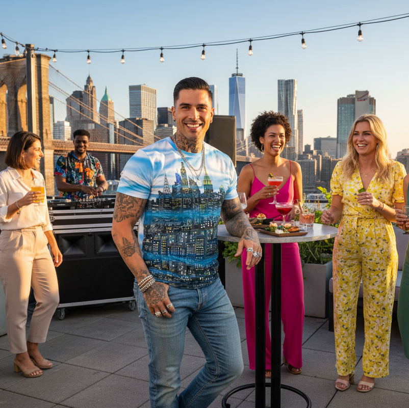 Group of people enjoying drinks on a rooftop with man wearing a  Loria NYC Art city skyline shirt 