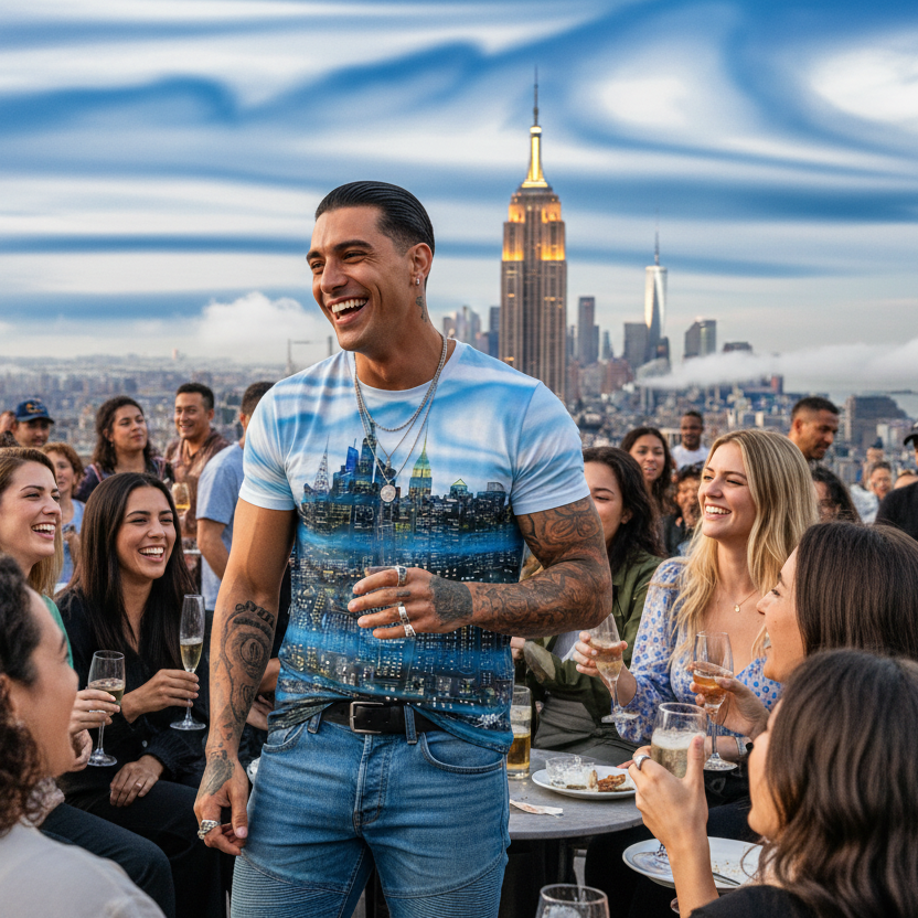 Man in a blue graphic Loria NYC Art t-shirt standing in a rooftop setting with a city skyline in the background