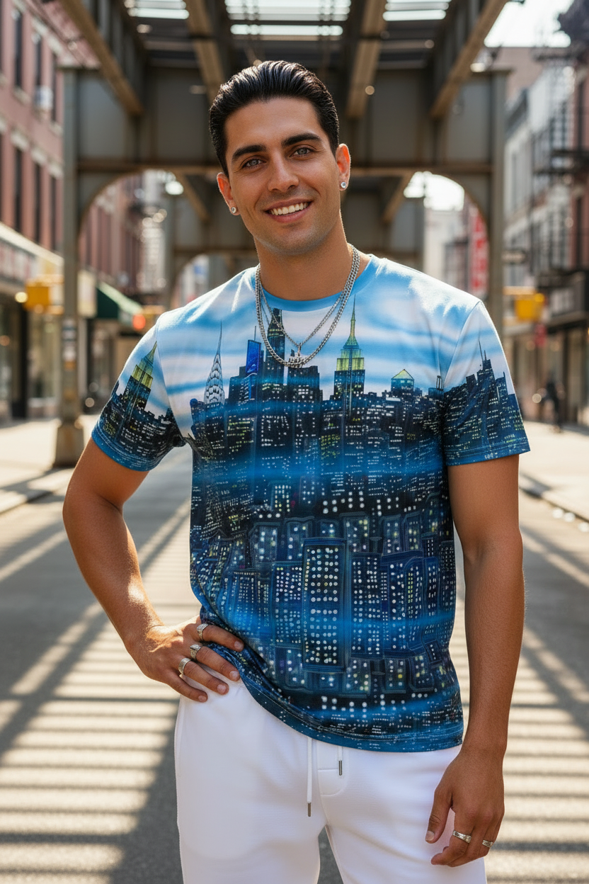 Man wearing a blue and white Loria NYC Art t-shirt on a city street.