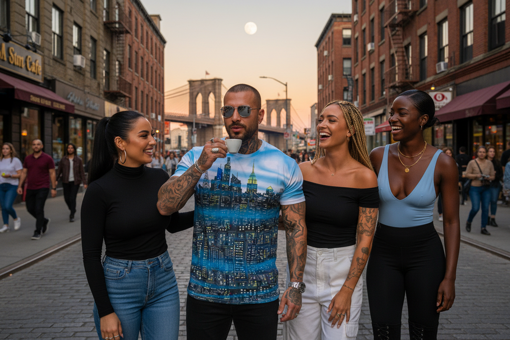 Man wearing a Loria NYC Art shirt standing with three others on a street with the Brooklyn Bridge in the background