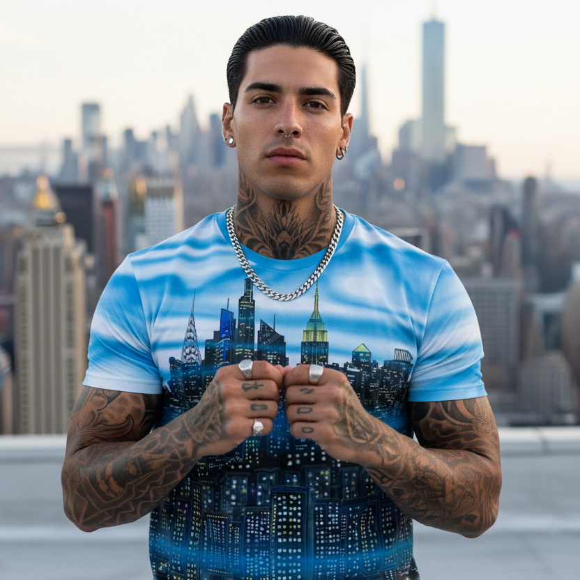 Man wearing a blue and white t-shirt with a cityscape Loria NYC Art design, standing on a rooftop with a city skyline in the background.