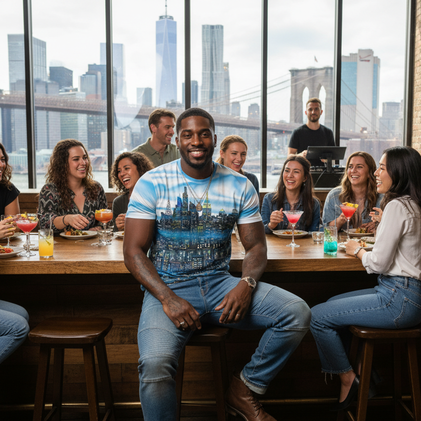 Man in center attention wearing a Loria NYC Art shirt with people sitting at a bar with a cityscape view