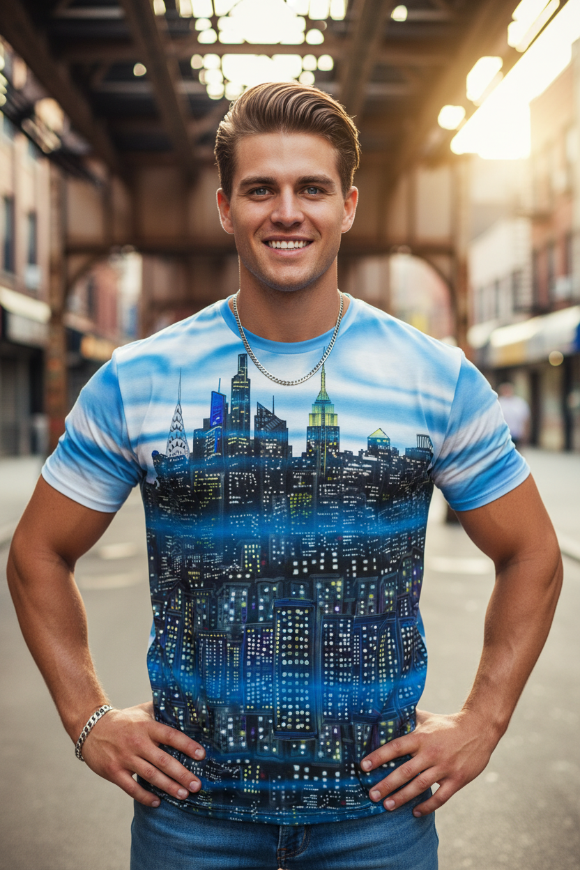 Man wearing a t-shirt with a cityscape Loria NYC Art design in an urban setting