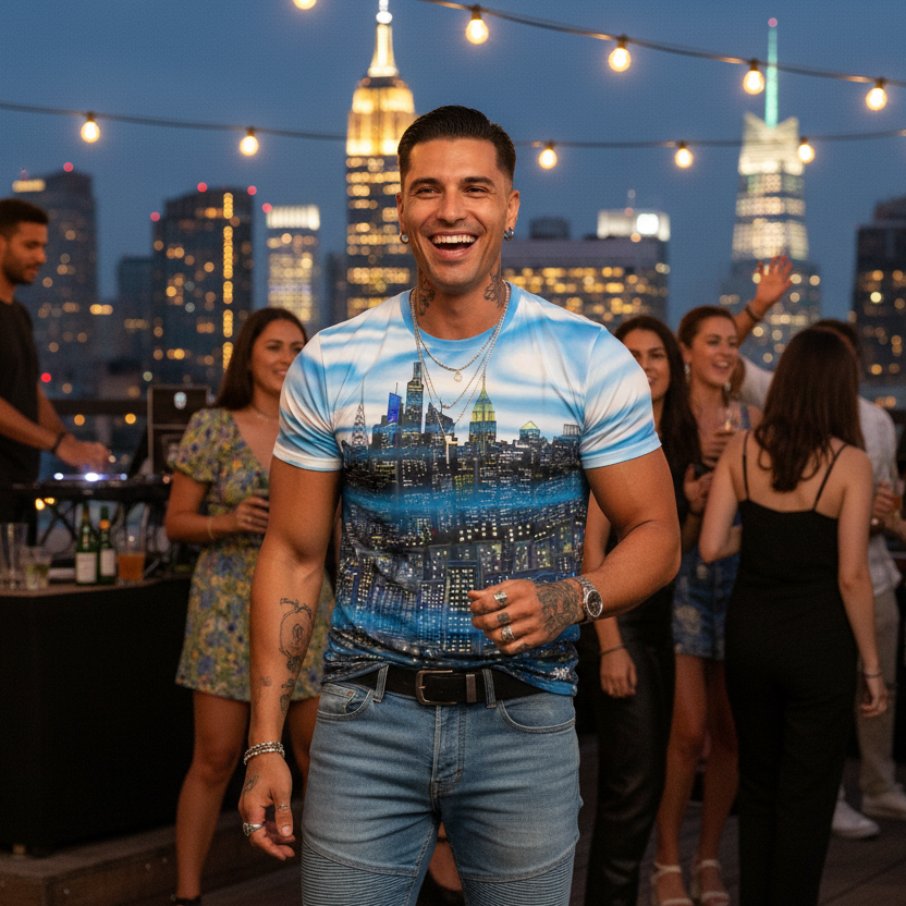 Man in a cityscape Loria NYC Art t-shirt standing on a rooftop with a city skyline in the background