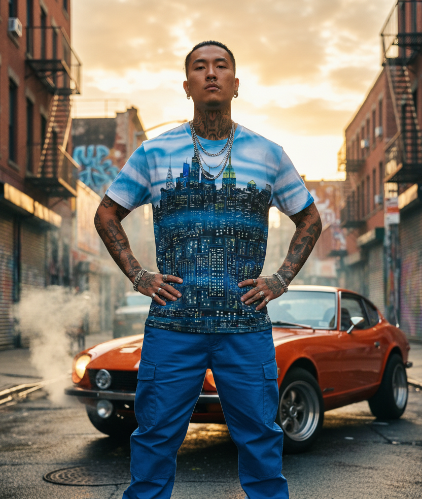 Man wearing a blue and white Loria NYC Art graphic t-shirt and blue pants standing in an urban street with a red car.