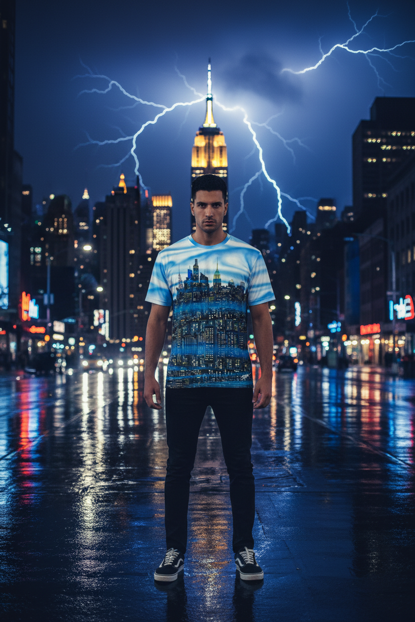 Man wearing a t-shirt with a Loria NYC Art cityscape design standing on a city street at night with lightning.