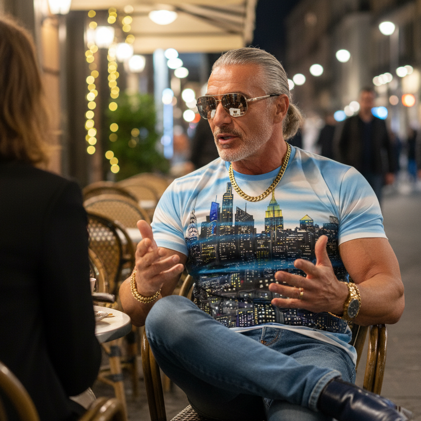 Man wearing sunglasses and a cityscape Loria NYC Art t-shirt sitting outdoors talking to another person. 
