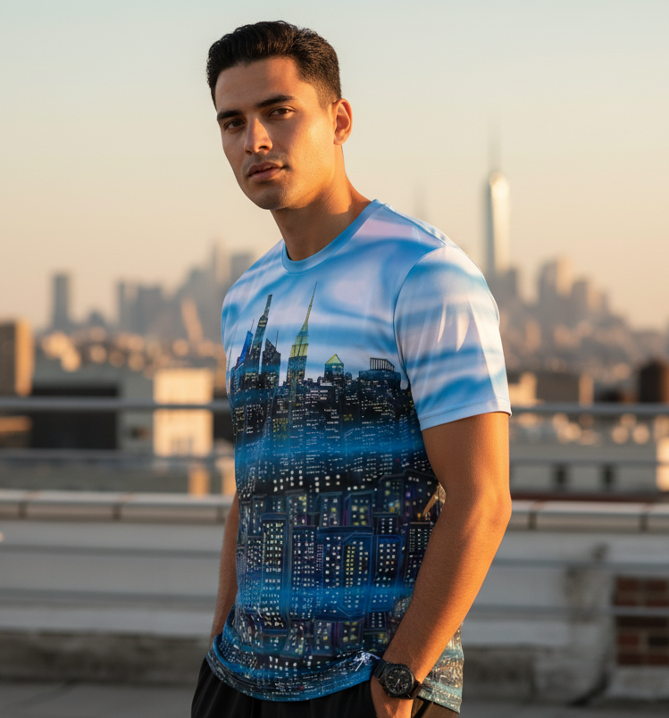 Man wearing a blue and white t-shirt with cityscape Loria NYC Art design on a rooftop with city skyline in the background