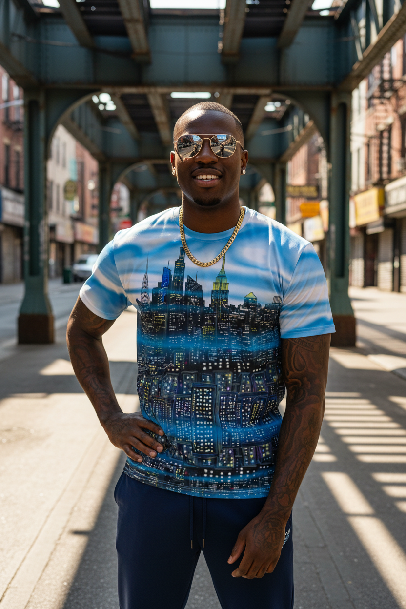 Man wearing a blue and white striped shirt with a cityscape Loria NYC Art design on a street.