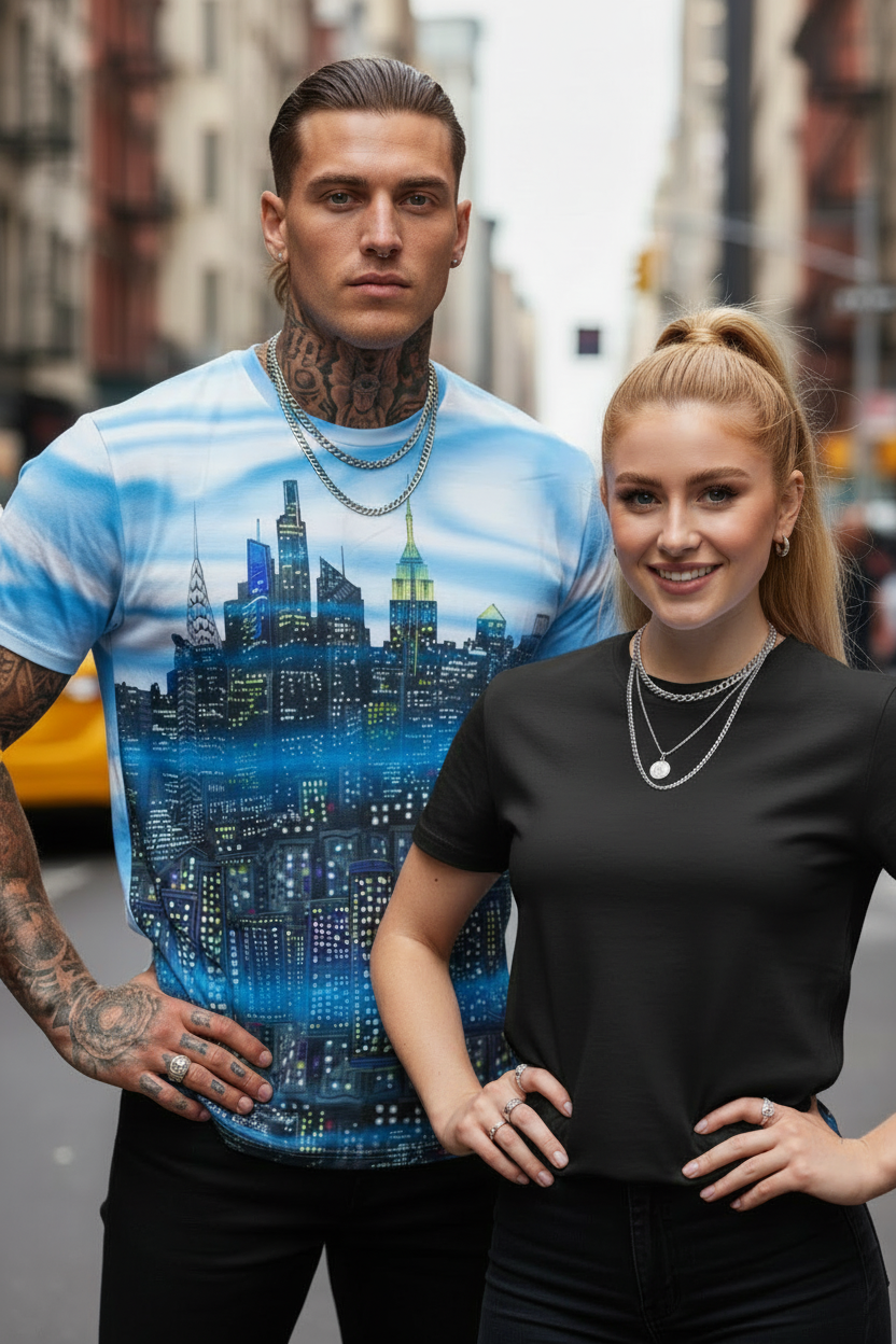 Man wearing a colorful Loria NYC Art design tee shirt, standing next to a female