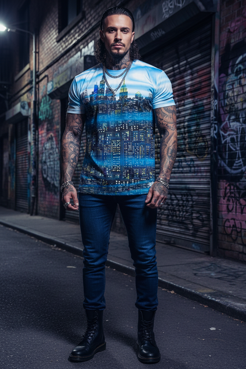 Man in dark urban street wearing a Loria NYC Art tee shirt with a city design 