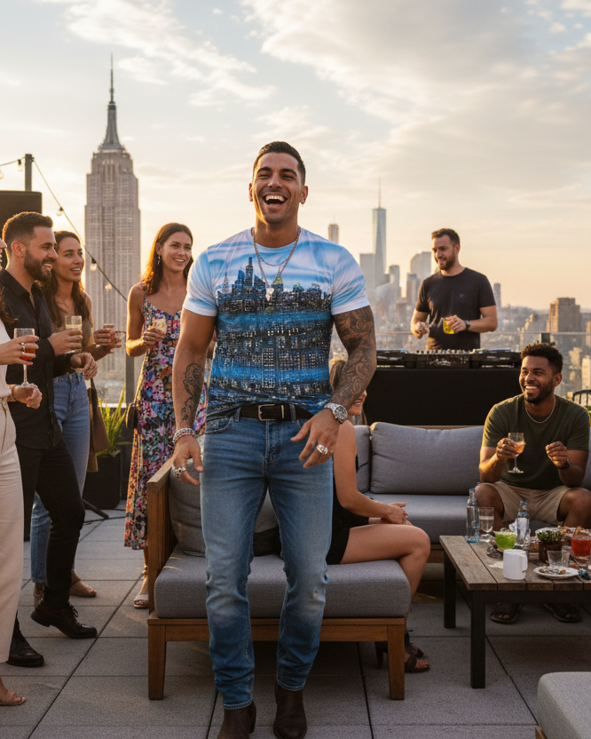 Man wearing a Loria NYC Art shirt laughing with people enjoying a rooftop party with a city skyline in the background
