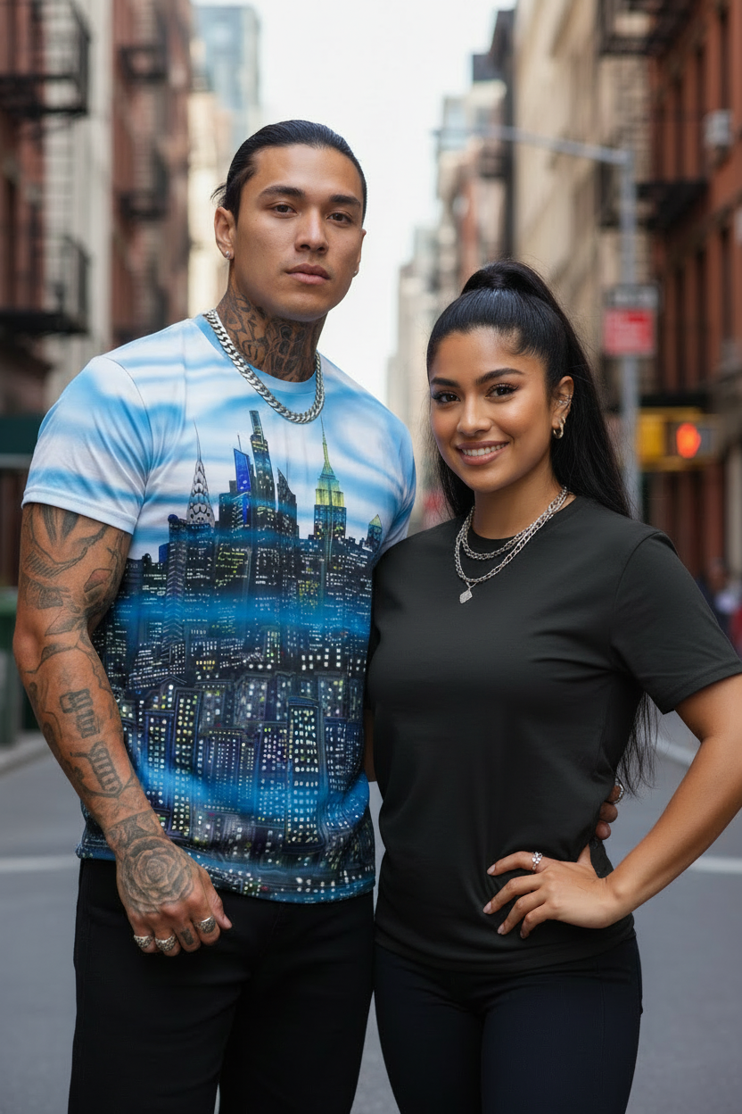 Two people standing on a city street, one wearing a t-shirt with a cityscape Loria NYC Art design.