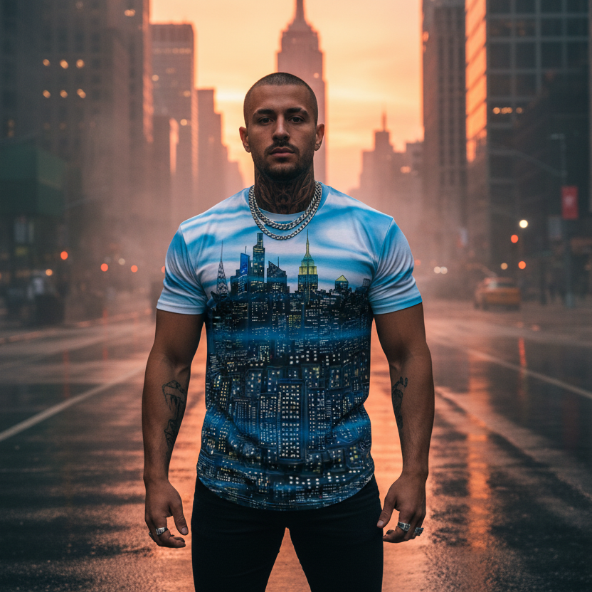 Man wearing a blue and white Loria NYC Art graphic t-shirt on a city street at sunset.