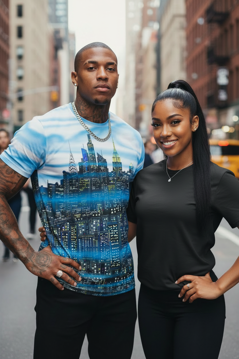 Two people standing on a city street, one wearing a t-shirt with a cityscape Loria NYC Art design.