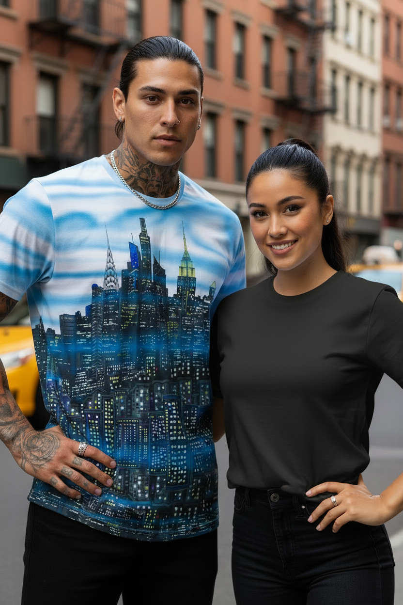 Two people standing on a city street with one wearing a t-shirt with a Loria NYC Art cityscape design.