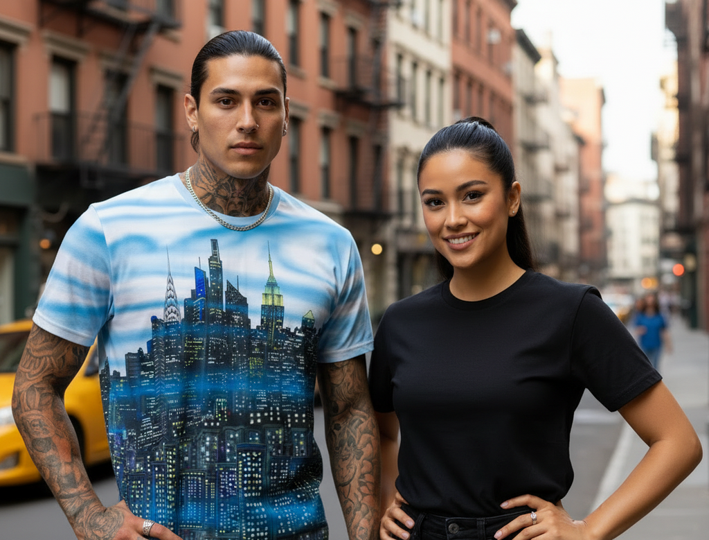 Man wearing Loria NYC Art shirt standing on a city street with a building in the background
