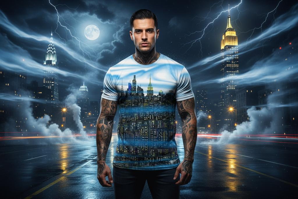 Man wearing a t-shirt with a cityscape Loria Art design in front of a stylized city skyline at night.