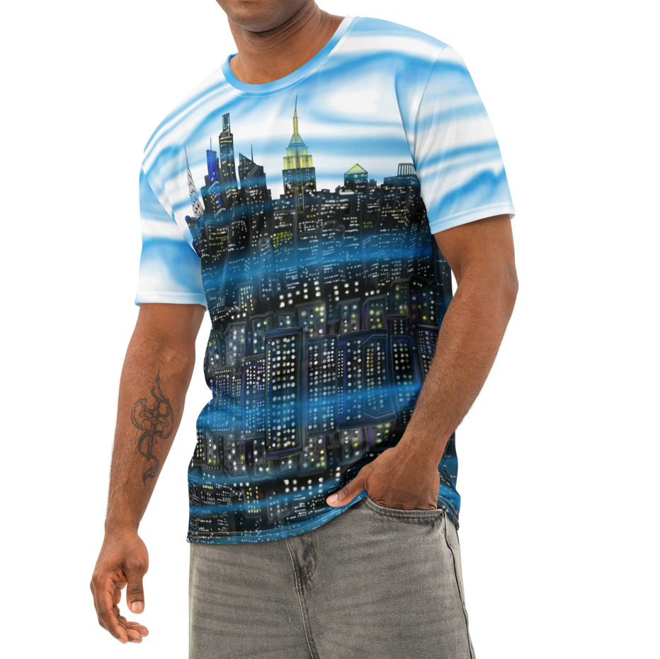 Man wearing a blue and white striped t-shirt with a cityscape Loria NYC Art design on a white background