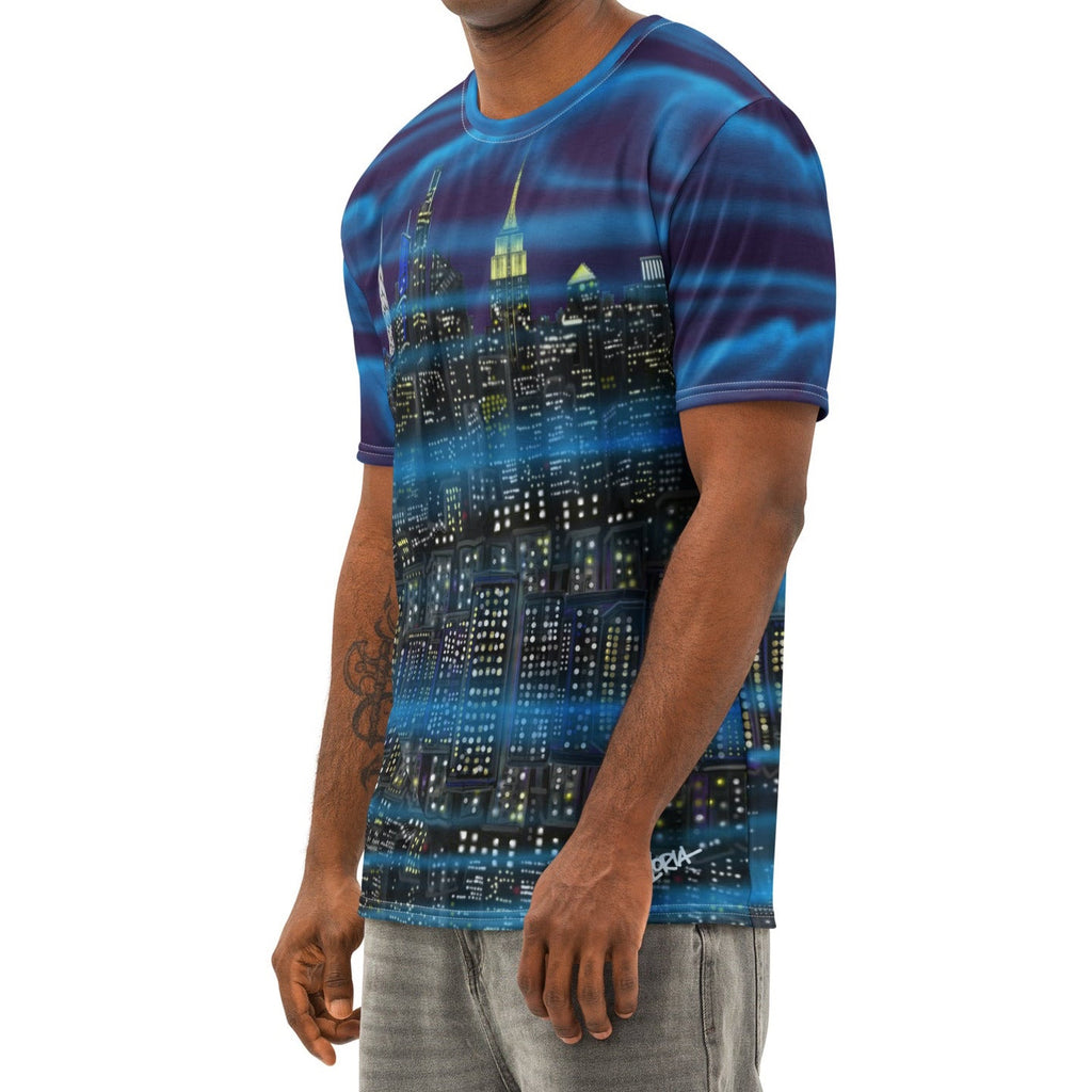 Man wearing a blue and purple Loria NYC Art cityscape t-shirt on a white background