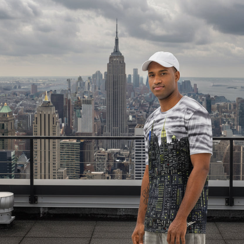 Man wearing a t-shirt with a Loria NYC Art  cityscape design on a white background