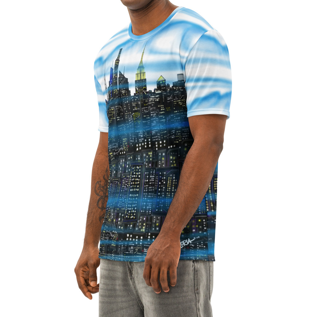 Man wearing a Loria NYC Art t-shirt with a cityscape design on a white background