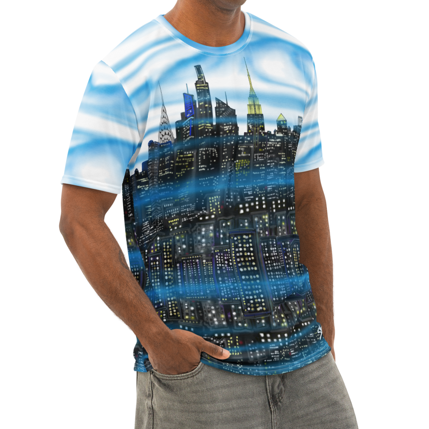Man wearing a colorful t-shirt with a cityscape Loria NYC Art design on a white background