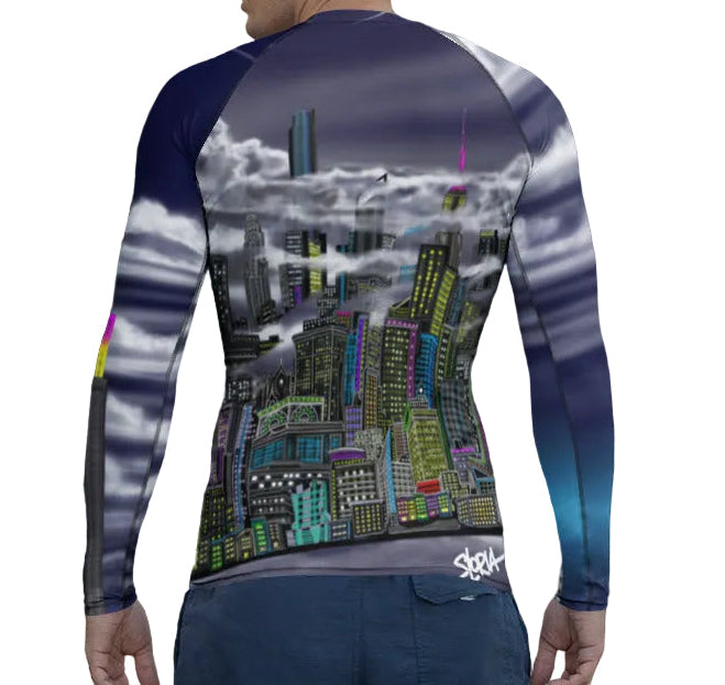 Back of Man in front of tree wearing athletic  Rash Guard with Cavaliere dell'Impero artistic NYC skyline design by S.Loria NYC Art