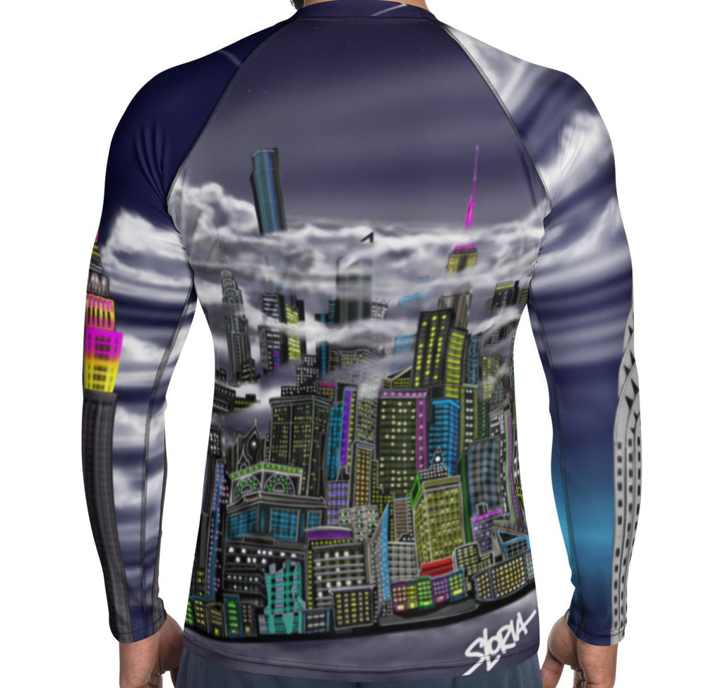 Back of Man wearing long sleeve shirt, Rash Guard with Cavaliere dell'Impero artistic NYC skyline design by S.Loria NYC Art