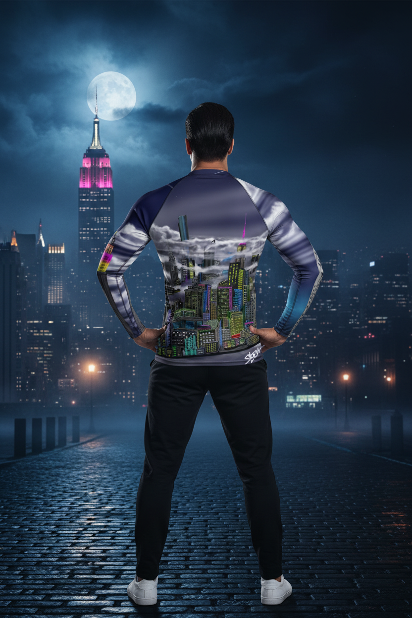 Person wearing a jacket with a cityscape Loria NYC Art design, standing in front of a night cityscape with the Empire State Building.