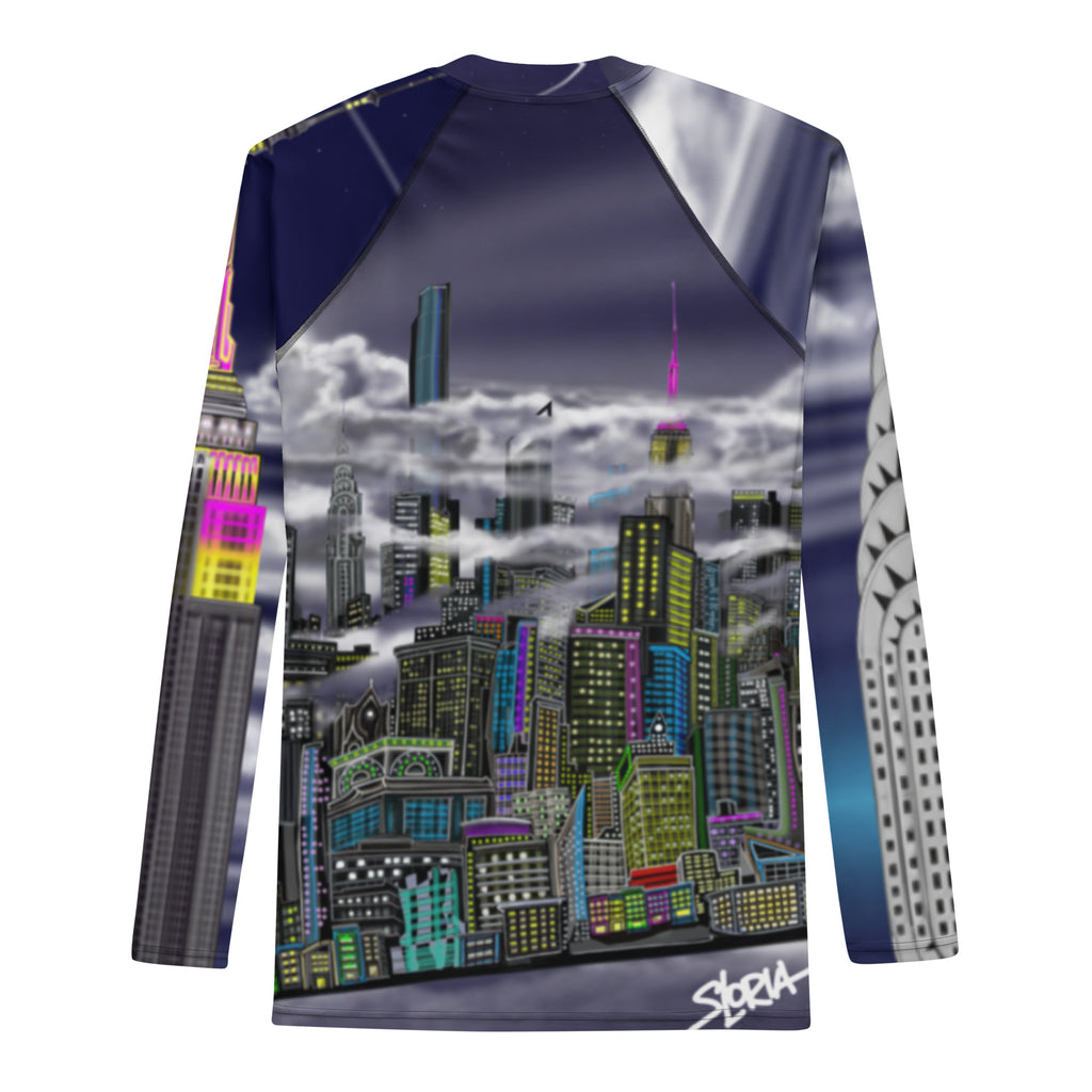 Back of long sleeve Rash Guard with Cavaliere dell'Impero artistic NYC skyline design by S.Loria NYC Art 