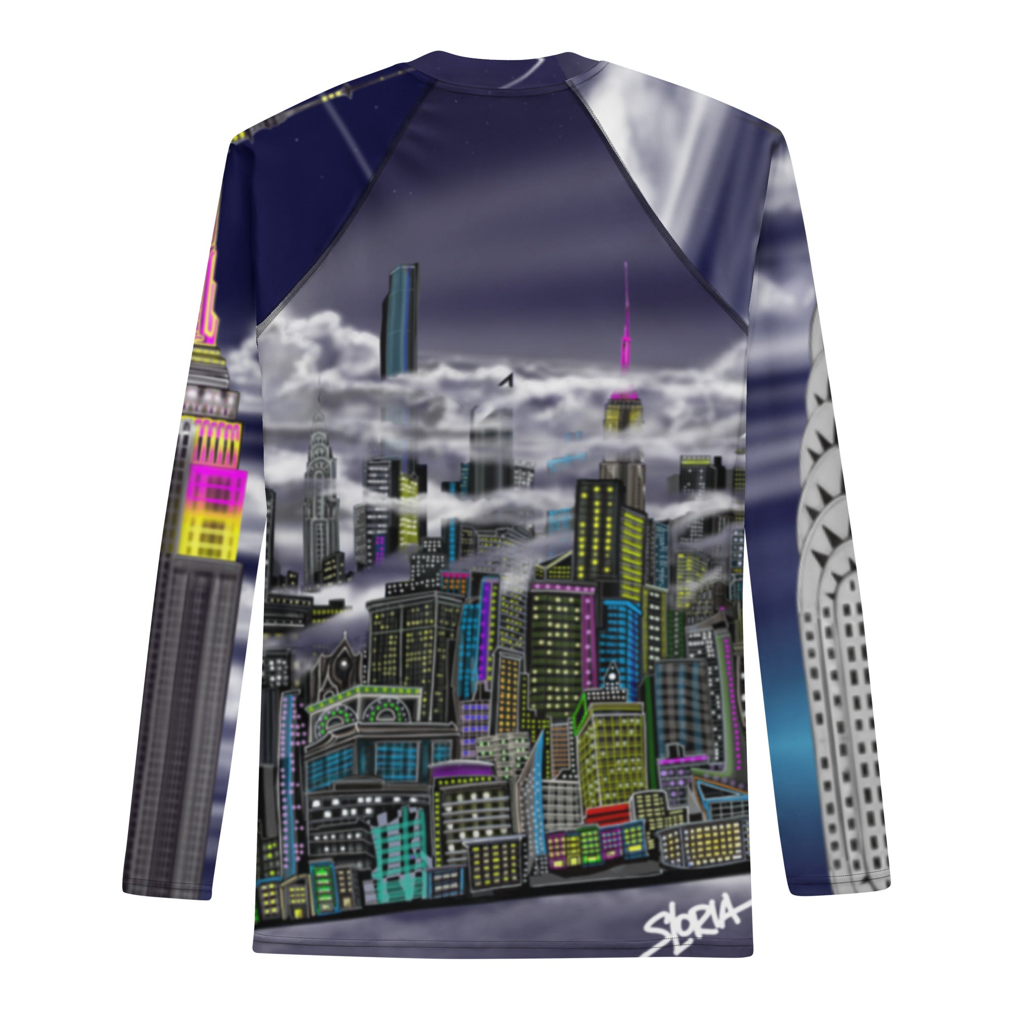 Back of long sleeve Rash Guard with Cavaliere dell'Impero artistic NYC skyline design by S.Loria NYC Art 